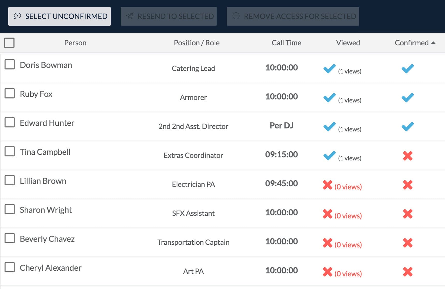 Home Call Sheet Confirmations - Home -