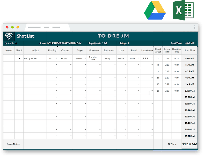 Shot List Excel Template