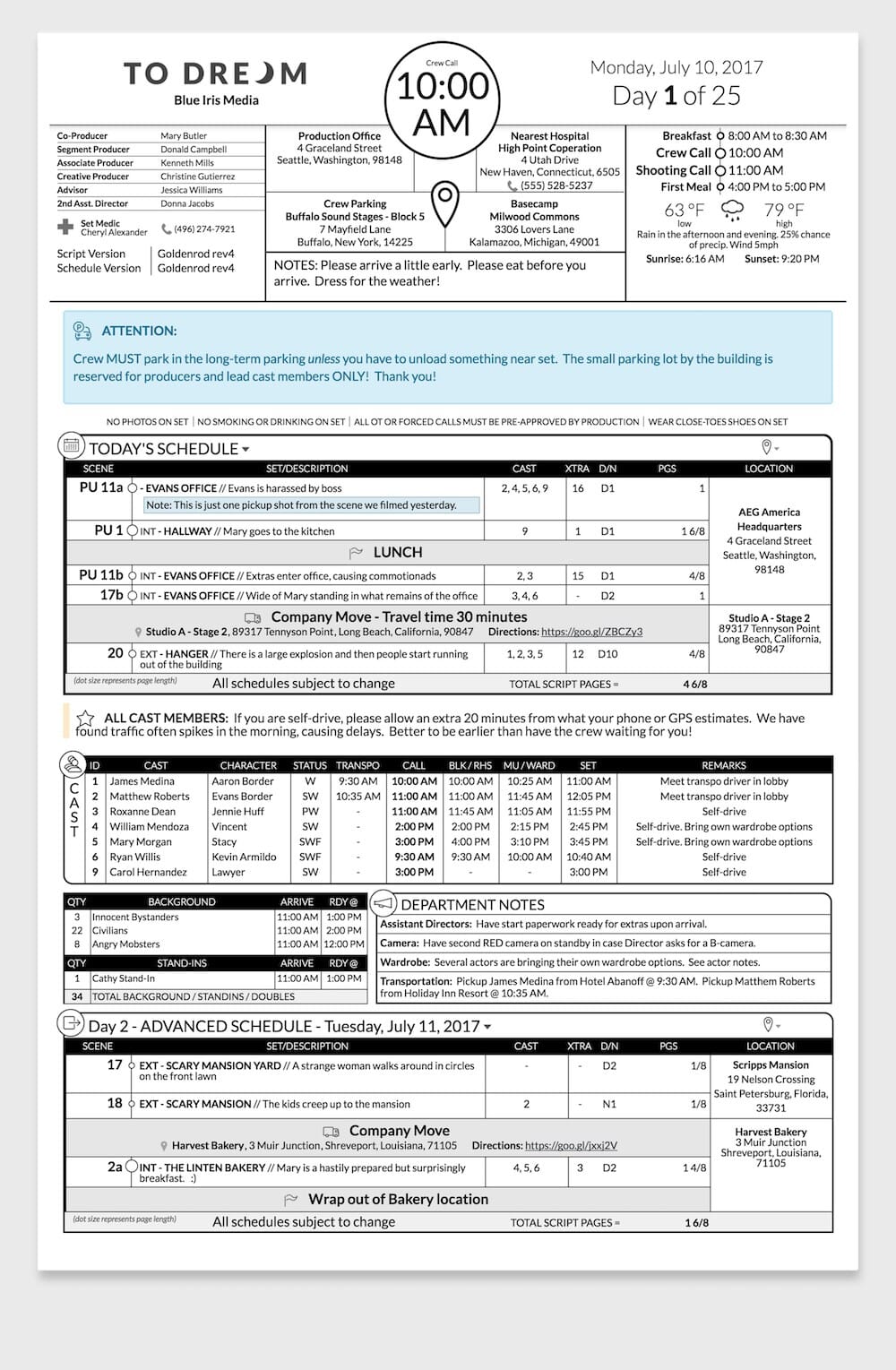 Professional call sheet template made with SetHero Professional call sheet template made with SetHero